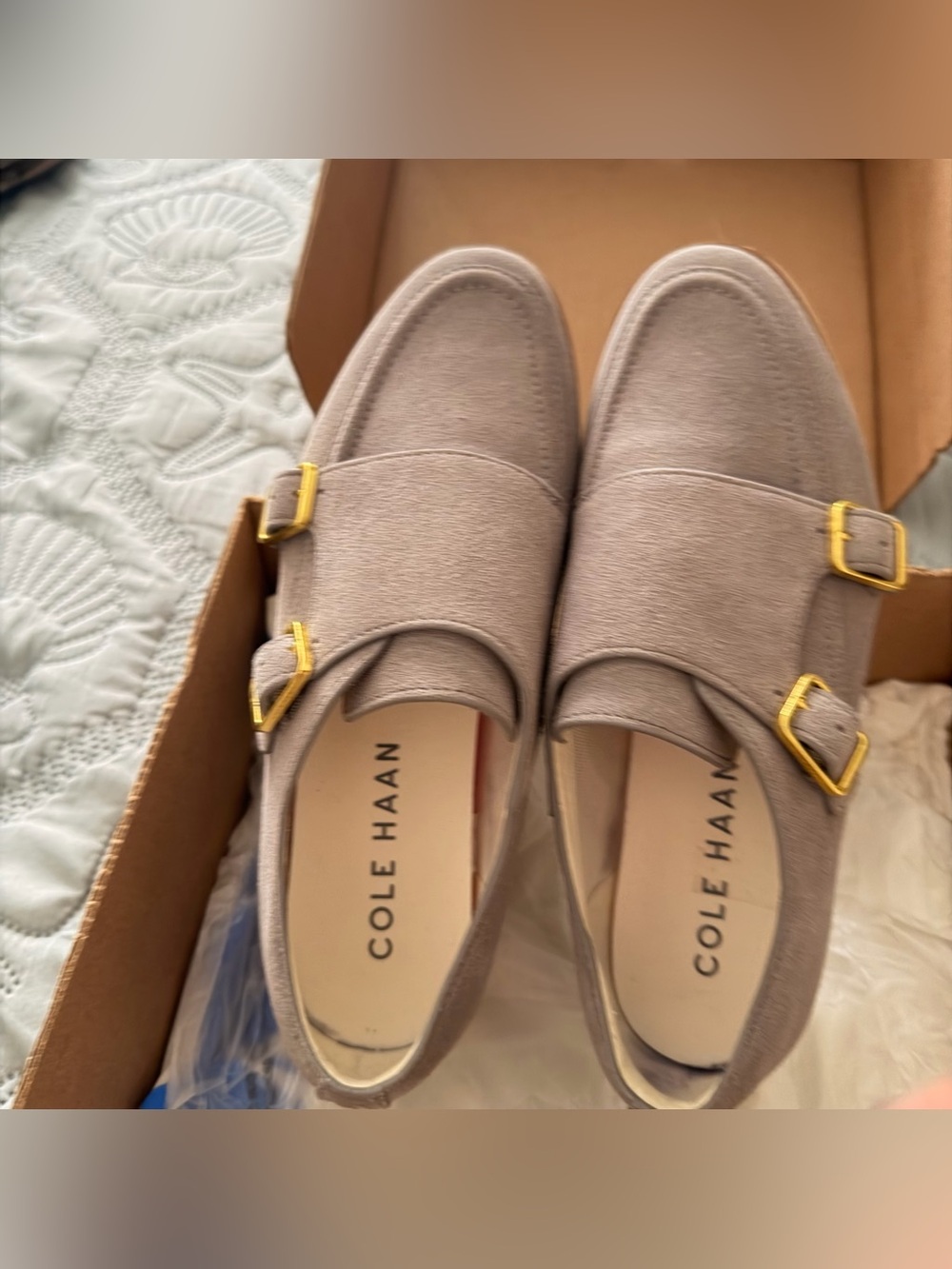 Cole Haan Women's Taupe Suede Double Monk Strap Loafers with Gold Buckles